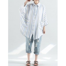 Women Loose Casual Lapel Patchwork Striped Shirt Blouse with Pockets