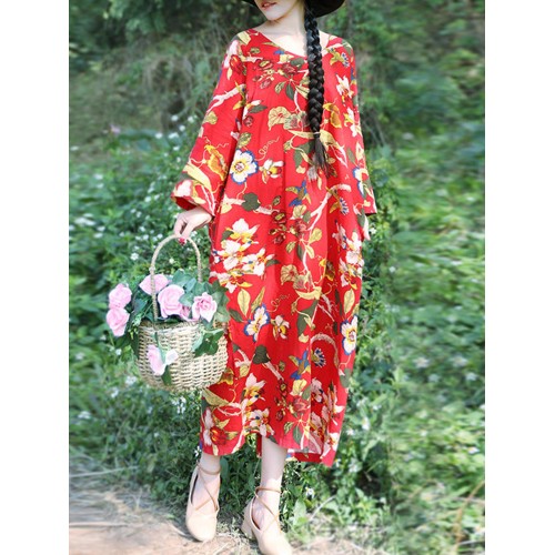 Vintage Women Floral Print Cotton &amp; Linen Long Sleeve Split Maxi Dress