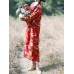 Vintage Women Floral Print Cotton &amp; Linen Long Sleeve Split Maxi Dress