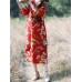 Vintage Women Floral Print Cotton &amp; Linen Long Sleeve Split Maxi Dress