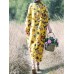 Vintage Women Floral Print Cotton &amp; Linen Long Sleeve Split Maxi Dress