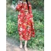 Vintage Women Floral Print Cotton &amp; Linen Long Sleeve Split Maxi Dress