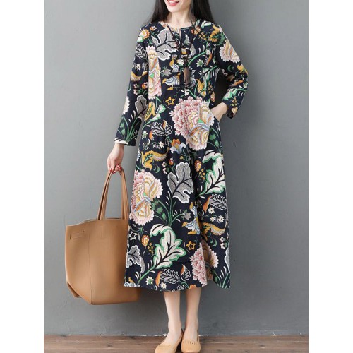 Women Vintage Floral Print Long Sleeve Frog Button Pockets Dress