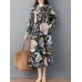 Women Vintage Floral Print Long Sleeve Frog Button Pockets Dress