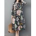 Women Vintage Floral Print Long Sleeve Frog Button Pockets Dress