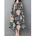 Women Vintage Floral Print Long Sleeve Frog Button Pockets Dress