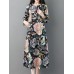 Women Vintage Floral Print Long Sleeve Frog Button Pockets Dress