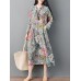 Women Vintage Floral Print Long Sleeve Frog Button Pockets Dress