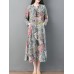 Women Vintage Floral Print Long Sleeve Frog Button Pockets Dress