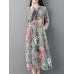 Women Vintage Floral Print Long Sleeve Frog Button Pockets Dress