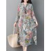 Women Vintage Floral Print Long Sleeve Frog Button Pockets Dress