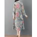 Women Vintage Floral Print Long Sleeve Frog Button Pockets Dress