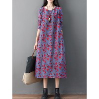 Women Casual Floral Print Long Sleeve Loose Dress