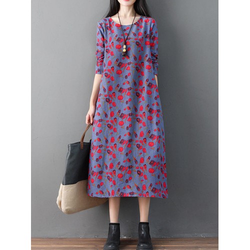 Women Casual Floral Print Long Sleeve Loose Dress