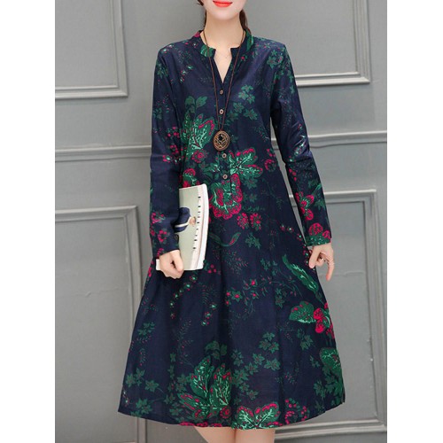 Chinese Style Vintage Floral V-neck Long Sleeve Dress with Pockets