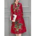 Chinese Style Vintage Floral V-neck Long Sleeve Dress with Pockets