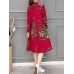 Chinese Style Vintage Floral V-neck Long Sleeve Dress with Pockets