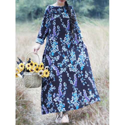 Women Vintage Floral Long Sleeve Frog Buttons Cotton Linen Dress