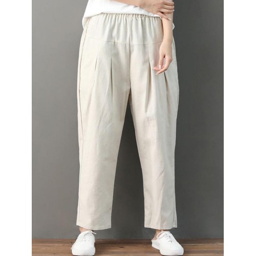 Women Casual Solid Color Pleated Pockets Cotton Linen Harem Pants