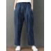 Women Casual Solid Color Pleated Pockets Cotton Linen Harem Pants