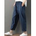 Women Casual Solid Color Pleated Pockets Cotton Linen Harem Pants