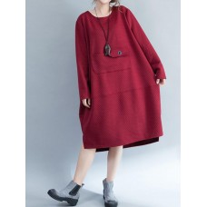 Women Casual O-neck Long Sleeve Pockets Sweatshirt Dress