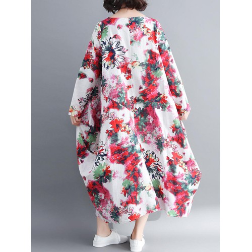 Vintage Floral Printed O-Neck Long Sleeve Long Dress