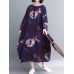 Vintage Floral Printed O-Neck Long Sleeve Long Dress