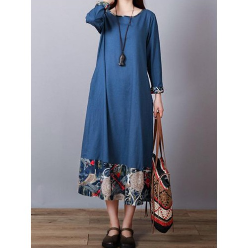 Vintage Patchwork Floral Hem Long Sleeve Long Dress