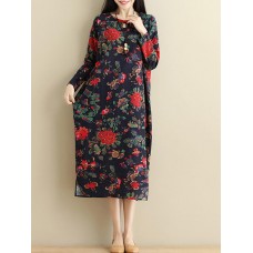 Vintage Floral Side Split Long Sleeve Maxi Dress