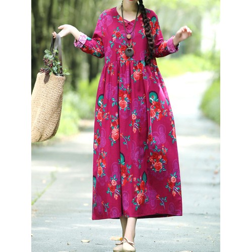 Floral Elastic Waist Long Sleeve Maxi Dress