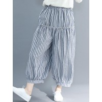 Vintage Stripe Elastic Waist Baggy Wide Leg Harem Pants