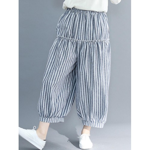 Vintage Stripe Elastic Waist Baggy Wide Leg Harem Pants