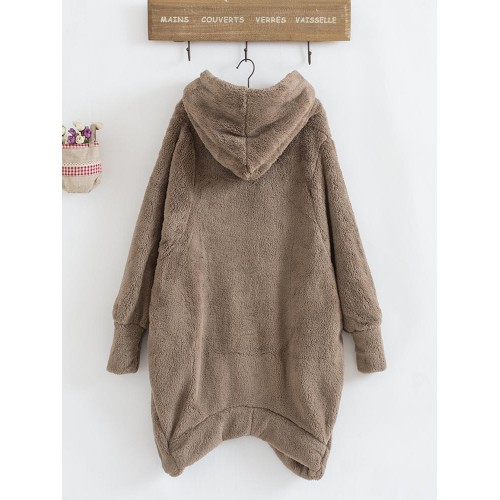 Women Fleece Zipper Solid Color Long Sleeve Coats