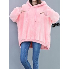 Women Casual Solid Color Zipper Fuzzy Hooded Sweatshirt