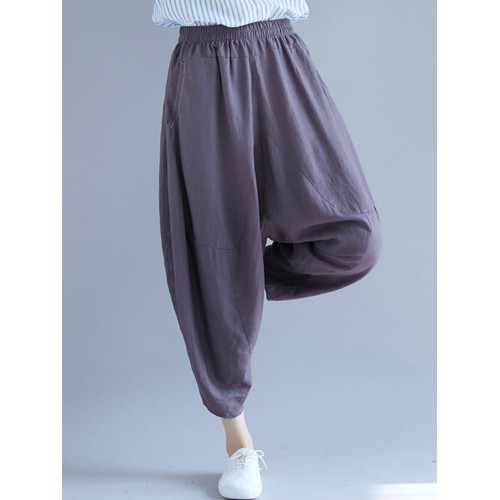 Women Casual Elastic Waist Cotton Linen Baggy Harem Pants with Pockets