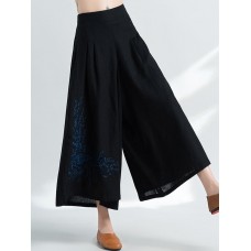 Women Vintage Embroidery Cotton Linen Wide Leg Loose Pants