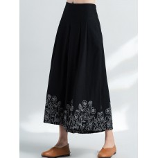 Women Ethnic Style Vintage Embroidery Cotton Linen Wide Leg Pants