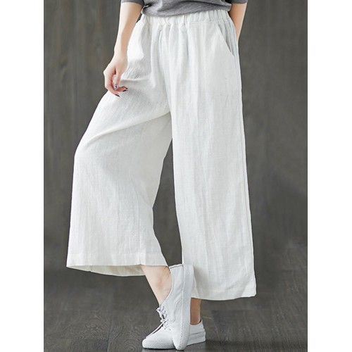 Women Vintage Elastic Waist Solid Color Pockets Wide Leg Pants