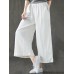 Women Vintage Elastic Waist Solid Color Pockets Wide Leg Pants