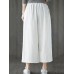 Women Vintage Elastic Waist Solid Color Pockets Wide Leg Pants