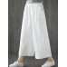 Women Vintage Elastic Waist Solid Color Pockets Wide Leg Pants