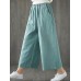 Women Vintage Elastic Waist Solid Color Pockets Wide Leg Pants