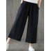 Women Vintage Elastic Waist Solid Color Pockets Wide Leg Pants