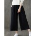 Women Vintage Elastic Waist Solid Color Pockets Wide Leg Pants