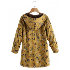 Plus Size Women Vintage Floral Print Long Sleeve Hooded Coats with Pockets