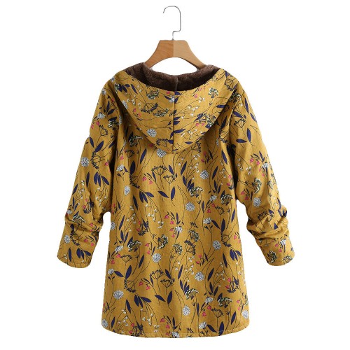 Plus Size Women Vintage Floral Print Long Sleeve Hooded Coats with Pockets