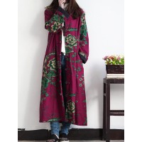 Plus Size Vintage Floral Print Frog Button Long Trench Coats For Women