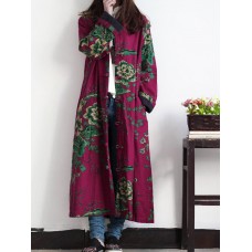 Plus Size Vintage Floral Print Frog Button Long Trench Coats For Women