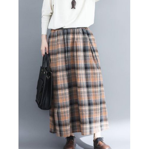 Women Vintage Elastic Waist Plaid A-line Maxi Skirts with Pockets